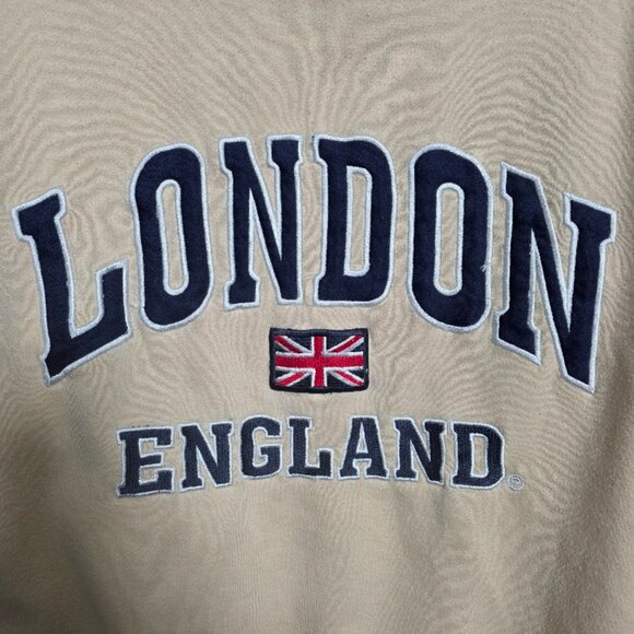 London England Sweatshirt Size M Beige Crewneck Embroidered Union Jack Spellout - Picture 2 of 6